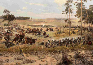 Fragment monumentalnego malowidła Panorama Racławicka, przedstawiający dynamiczną i pełną ekspresji scenę bitwy pod Racławicami z 1794 roku.