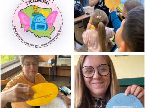 Kolaż z logo projektu latający plecak życzliwości oraz nauczyciele z kropkami życzliwości.