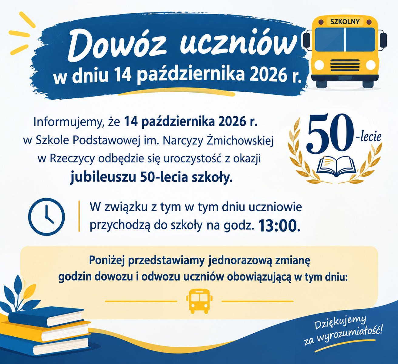 Zmiana godzin dowozu uczniów w Rzeczycy 14 października 2026 r.