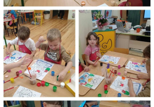 Dzieci wykonują prace plastyczną- malują farbami rysunek przedstawiający mycie rąk.