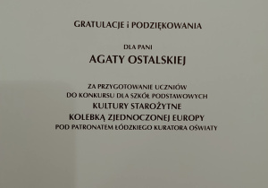 gratulacje i podziękowanie dla nauczyciela i opiekuna konkursu p. A. Ostalskiej