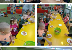 Degustacja owocowej sałatki przygotowanej przez dzieci w grupie Misie.