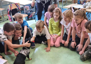 Dzieci bawią się z suczką Lili