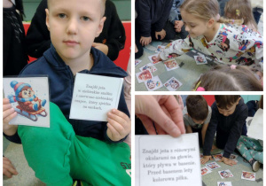 Kolaż zdjęć dzieci z grupy Misie podczas odgadywania zagadek