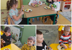 Kolaż zdjęć dzieci z grupy Zuchy w czasie wbijania owoców na patyczek do szaszłyków.