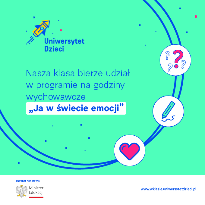 Plakat informujący o tym, że klasa będzie realizowała projekt ,,Ja w świecie emocji&rdquo;. 
