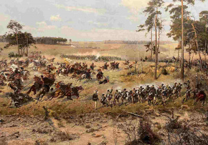 Fragment monumentalnego malowidła Panorama Racławicka, przedstawiający dynamiczną i pełną ekspresji scenę bitwy pod Racławicami z 1794 roku.
