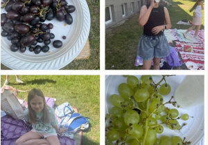 Dziewczynki z klasy trzeciej z winogronami na pikniku na placu szkolnym.