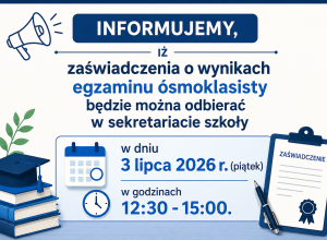 Odbiór zaświadczeń o wynikach egzaminu ósmoklasisty.