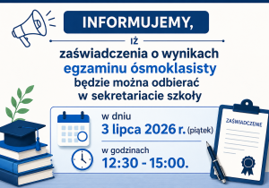 Odbiór zaświadczeń o wynikach egzaminu ósmoklasisty.