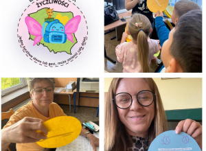 Kolaż z logo projektu latający plecak życzliwości oraz nauczyciele z kropkami życzliwości.