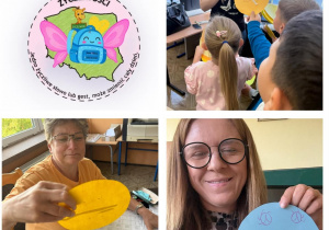 Kolaż z logo projektu latający plecak życzliwości oraz nauczyciele z kropkami życzliwości.