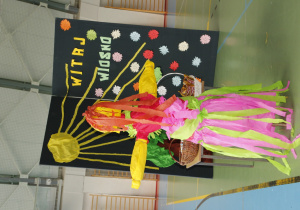 zdjęcie ukazuje kolorową, słomianą kukłę i napis „witaj wiosno”