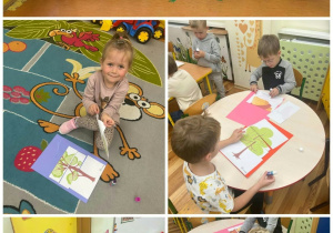 „Złote Rybki” układają z puzzli drzewa iglaste i liściaste oraz prezentują wykonane prace.