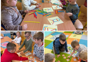 Dzieci z grupy „Pracowite Pszczółki” ćwiczą pamięć wzrokową za pomocą gier planszowych.
