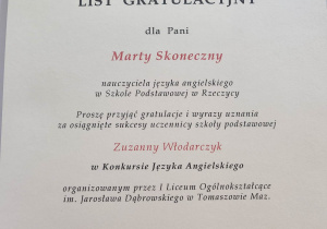 List gratulacyjny dla Pani Marty Skoneczny.