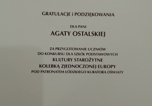 gratulacje i podziękowanie dla nauczyciela i opiekuna konkursu p. A. Ostalskiej