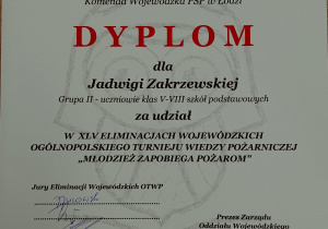 dyplom dla Jadzi Zakrzewskiej za udział w konkursie Młodzież zapobiega pożarom