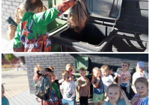 Dzieci z grupy Krasnali wyrzucają zebrane śmieci do kosza