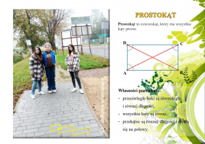 Trzy uczennice stoją na chodniku. Chodnik wykonany jest z kostki w kształcie prostokąta. Po prawej stronie zdjęcie przedstawia rysunek i opis prostokąta.