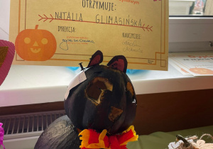 zdjęcie ukazuje konkursową dynię w kształcie kota oraz dyplom