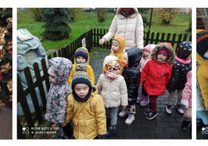Kolaż zdjęć pomocnicy Mikołaja witającej dzieci przedszkolne w Krainie Mikołaja.