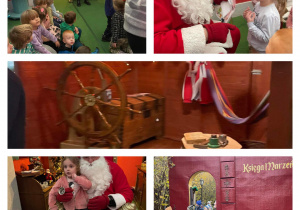Kolaż zdjęć dzieci przedszkolnych przechodzących wielkie książkowe wrota, dzieci siedzących u Mikołaja na kolanach i zwiedzających Krainę Mikołaja.