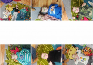 Kolaż zdjęć dzieci trzyletnich leżących na dywanie i mających zakryte oczy plasterkami ogórka.