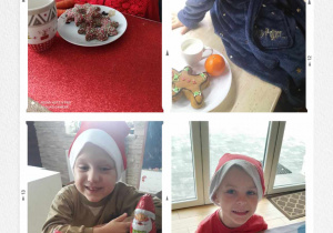 Kolaż zdjęć dzieci przygotowujących poczęstunek dla Mikołaja i reniferów.