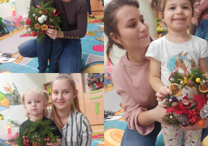 Wspólne zdjęcie dzieci z rodzicami i wykonanymi wiankami świątecznymi