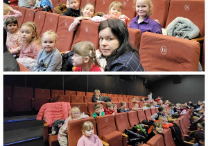 Przedszkolaki uważnie słuchają aktorów na scenie.