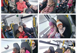 Przedszkolaki zadowolone siedzą autobusie.