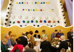 Poczęstunek – tort w grupie Pszczółki z udziałem zaproszonych gości.