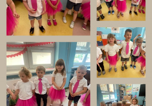 Kolaż zdjęć dzieci z grupy Motylki ubranych odświętnie, dziewczynki w różowe tiulowe spódniczki i białe bluzeczki a chłopcy w galowy strój z różowym krawatem.