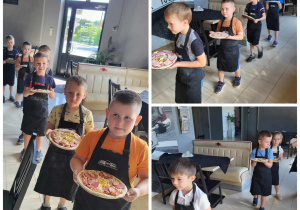 Przedszkolaki zanoszą swoje pizze do pieca i przekazują pracownikom pizzerii.