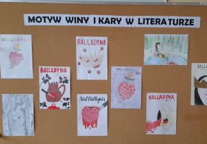 Na zdjęciu widzimy prace uczniów kl. VII b wykonane w ramach projektu ,,Motyw winy i kary w wybranej literaturze.”