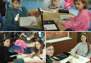 Uczniowie klas IV-VIII wykonują prace o tematyce wiosennej.