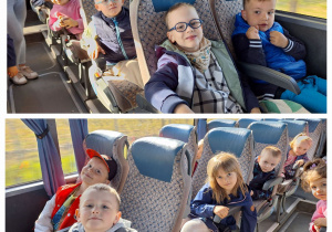 Przedszkolaki z grupy Biedronki z uśmiechem na twarzy jadą na wycieczkę autobusem.