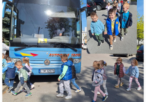 Przedszkolaki wracają parami do autobusu z przedstawienia teatralnego.
