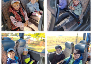 Przedszkolaki z grupy Pszczółki z uśmiechem na twarzy siedzą wygodnie w fotelach w autobusie.