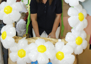 Ciocia Kasia w fotobudce z kolorowych balonów oraz balonowych stokrotek.