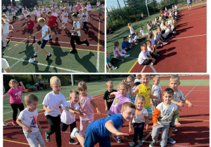 Kolaż zdjęć dzieci podczas zabaw gimnastyczno-sportowych na boisku szkolnym w Dniu Przedszkolaka.
