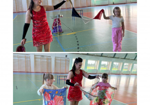Dziewczynki z grupy Skoczki uczestniczą w pokazie cyrkowym z kolorowymi chustkami.