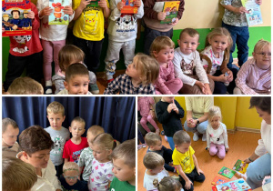 Kolaż zdjęć dzieci z grupy Kamyczki, Szkraby i Promyczki w Dniu Głośnego Czytania.
