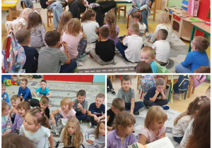 Kolaż zdjęć w grupie Zuchy z panią bibliotekarką Moniką Fau u trakcie czytania książki w Dniu Głośnego Czytania.