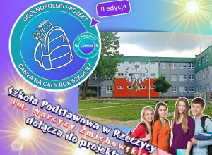 Grafika promująca II edycję ogólnopolskiego projektu „Canva na Cały Rok Szkolny”. Na pierwszym planie logo projektu z plecakiem i ikonami szkolnymi.