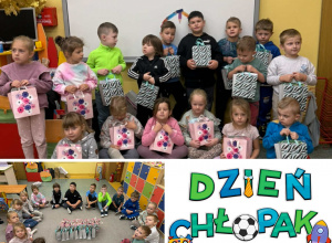 Kolaż zdjęć dzieci z grupy Żabki podczas obchodów Dnia Chłopaka.