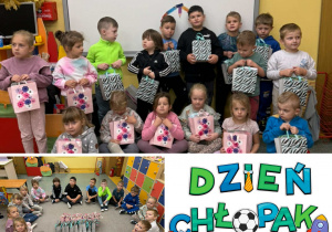 Kolaż zdjęć dzieci z grupy Żabki podczas obchodów Dnia Chłopaka.