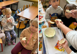 kolaż zdjęć dzieci jedzących twarożek.