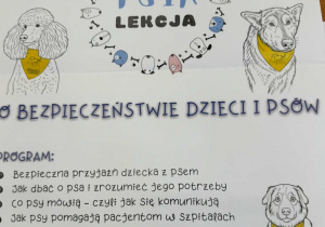 Plakat informujący, że nasze przedszkole bierze udział w ogólnopolskim programie „Psia Lekcja”, organizowanego przez Stowarzyszenie Zwierzęta Ludziom.